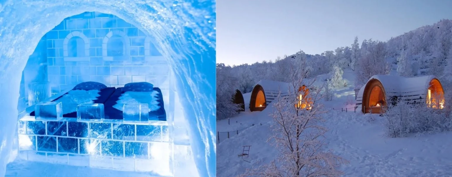 Kirkenes made of snow and ice with illuminated ice art carvings