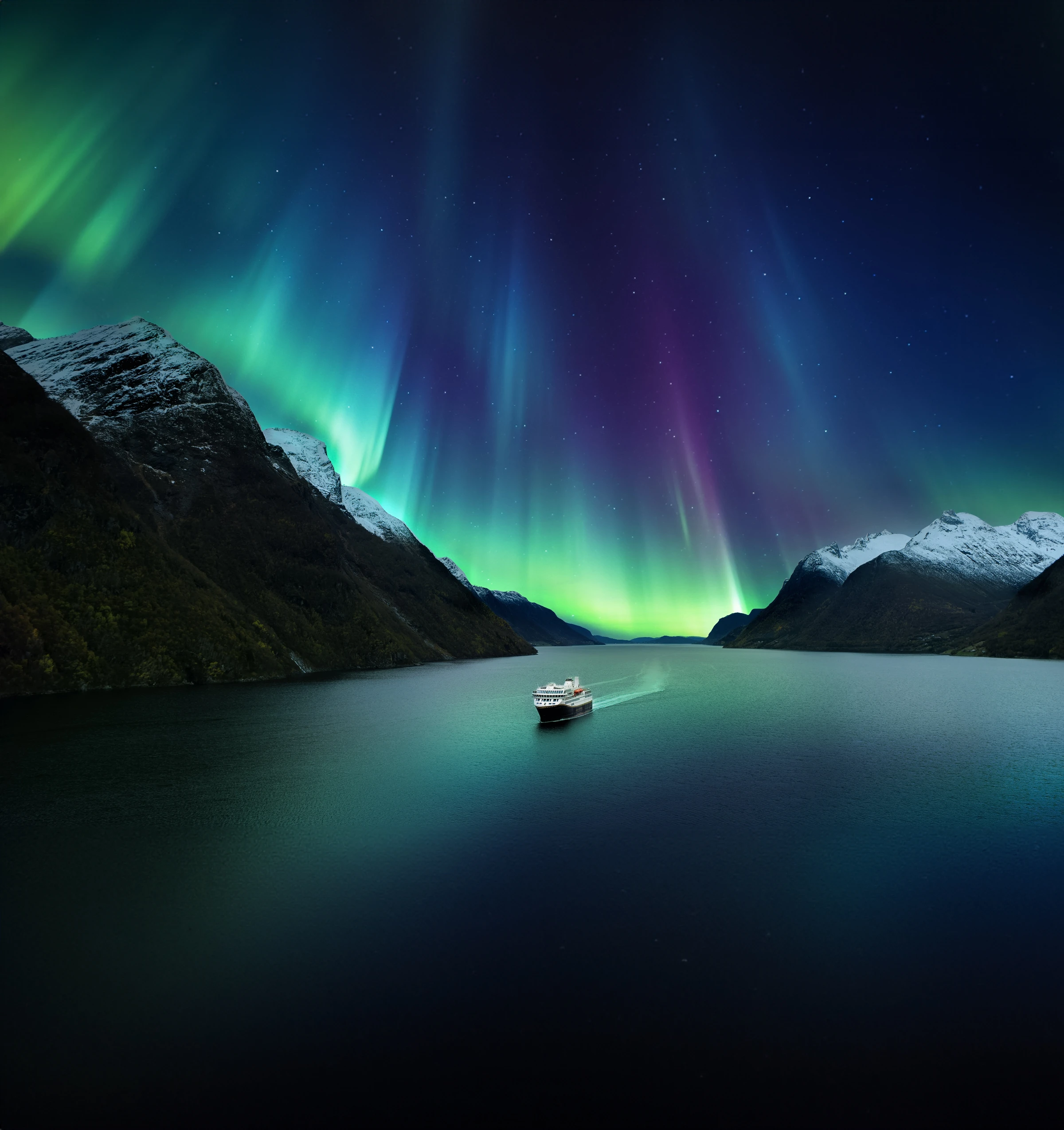 Havila Voyages ship sailing under Northern Lights