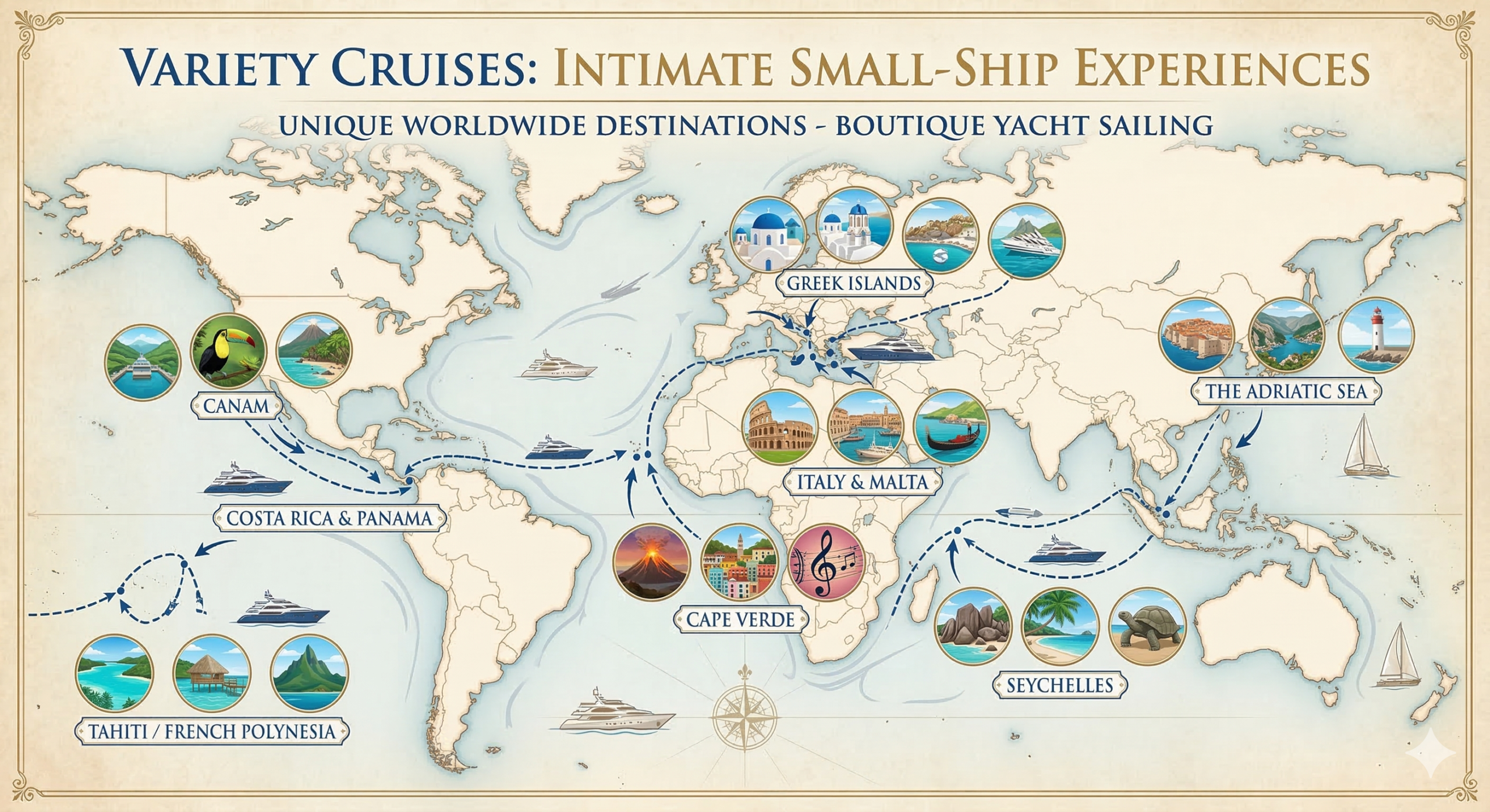 Variety Cruises small luxury ship sailing through the Mediterranean and Greek Islands.